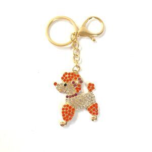 Poodle Rhinestone Charm Keychain Key Holder Orange Multi Gold Tone Metal New